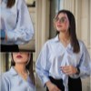تاپلند-شومیز ساتن پایین گره (طرح گل خطی-آبی یخی)
